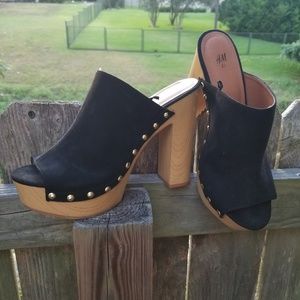 Black H&M platform mules wooden heel slip-ons